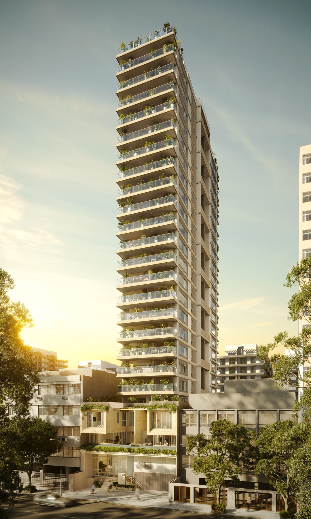 Fachada do 786 Prudente em Ipanema, com linhas horizontais em travertino e varandas amplas