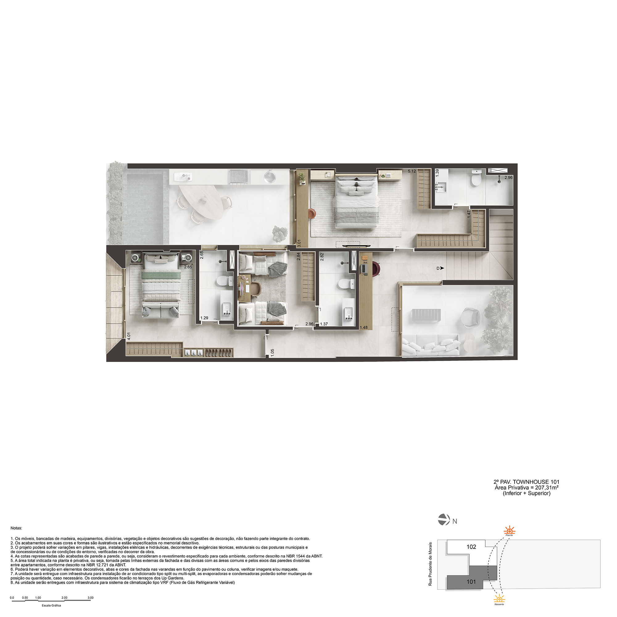 Planta baixa do Townhouse do 786 Prudente, com dois níveis e jardim privativo